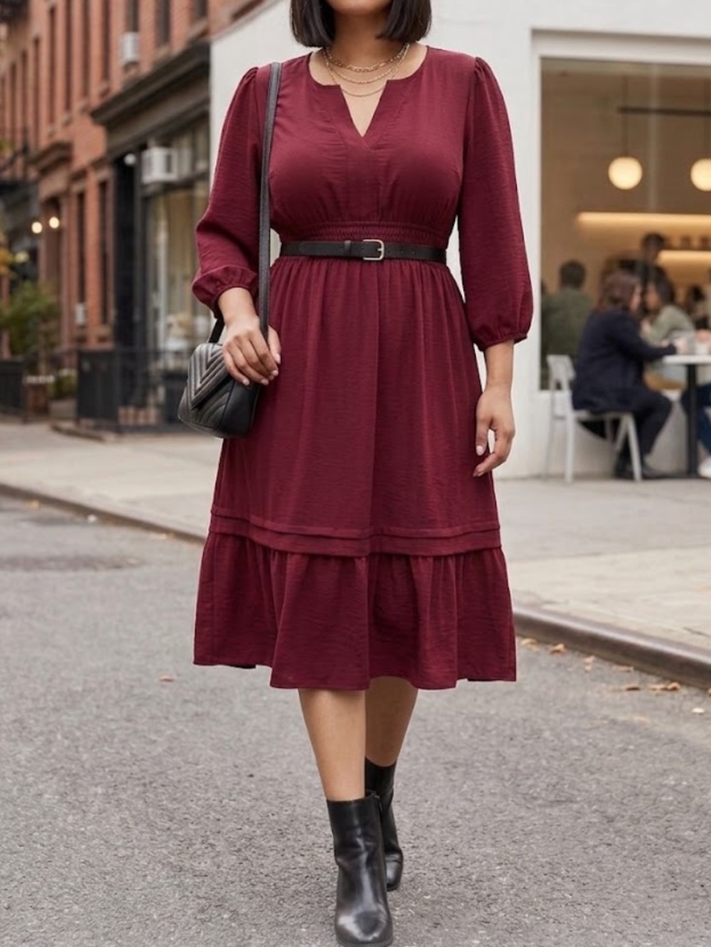 Torrid Burgundy Smocked Waist Midi Dress – Tiered Skirt, 3/4 Sleeves Sz 3/3X